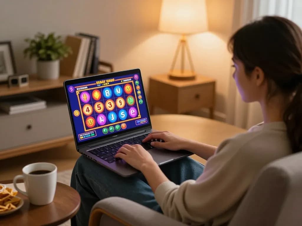 Engaging in slot online gameplay at home with vibrant visuals and a cozy atmosphere.