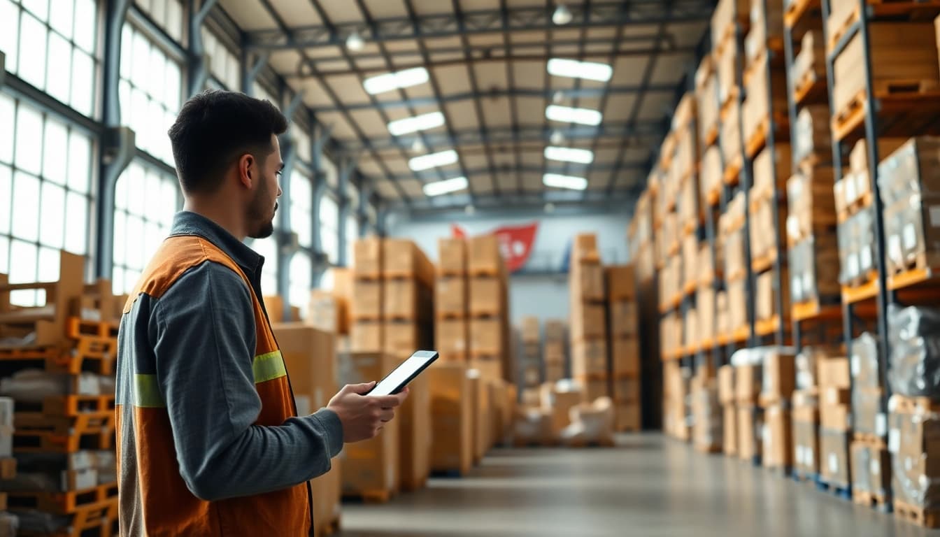 Warehouse interior bustling with activity, focusing on a worker managing inventory.