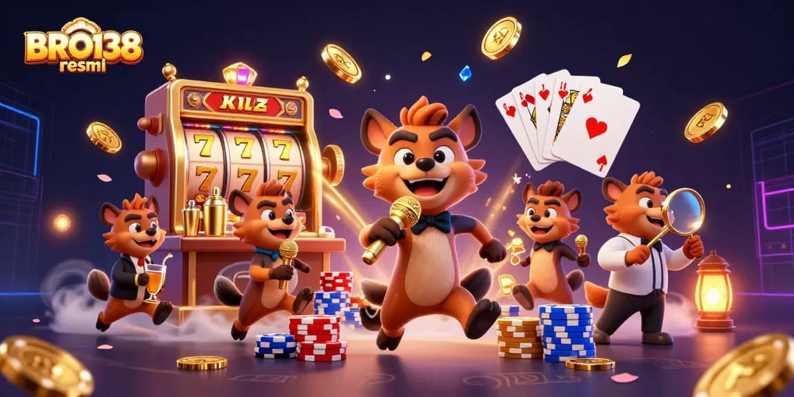 Experience the thrill of BRO138 resmi with vibrant slots and lively hyenas in a casino scene.
