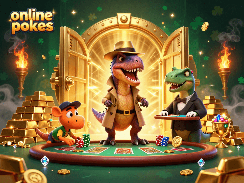 Experience thrilling online pokies with a vibrant 3D illustration of cartoon dinosaurs at a blackjack table.