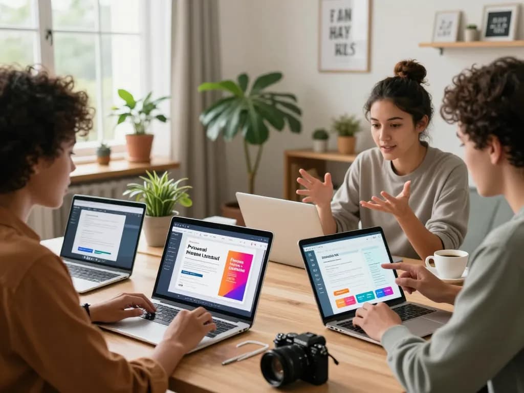 Buy Private Label Rights Products in an engaging online marketplace with entrepreneurs discussing strategies and reviewing vibrant digital files.