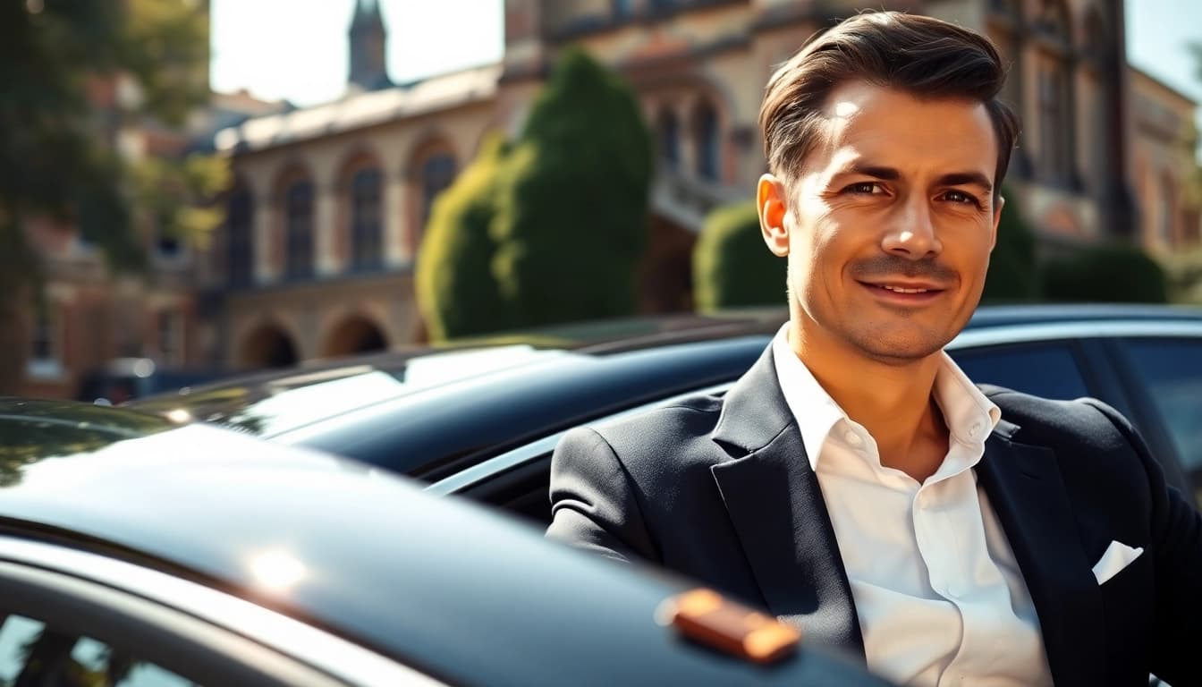 Chauffeur Nottingham providing premium service in front of a historic landmark.