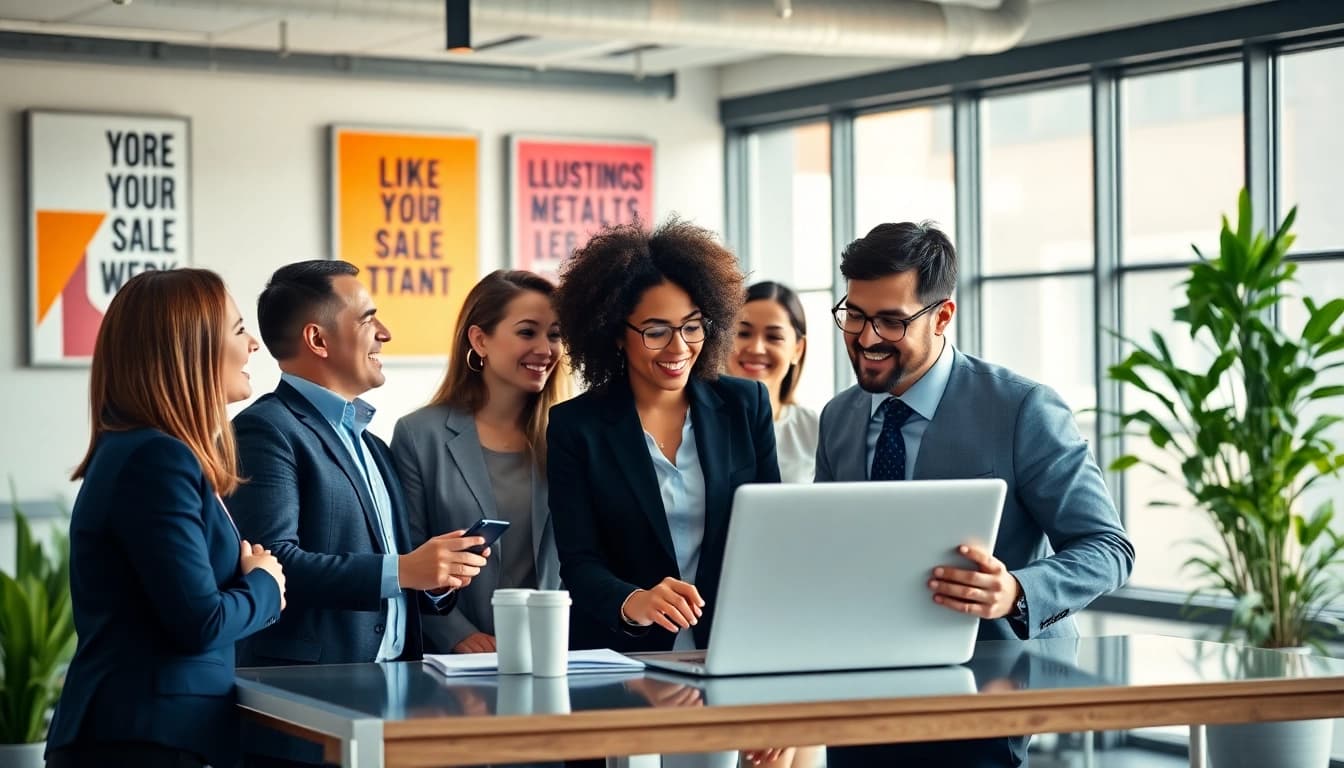 Learn how to hire top sales talent in a vibrant office setting illustrating teamwork and recruitment.
