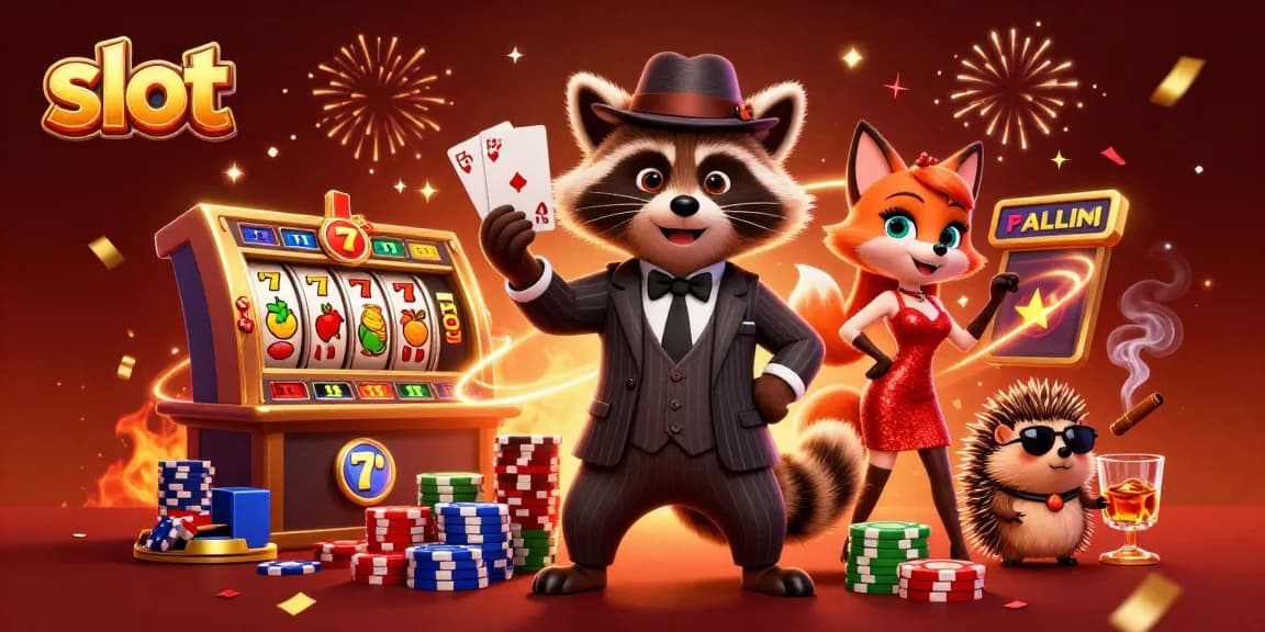Spin the slot reels with charming characters celebrating jackpots and wins in a festive casino scene.