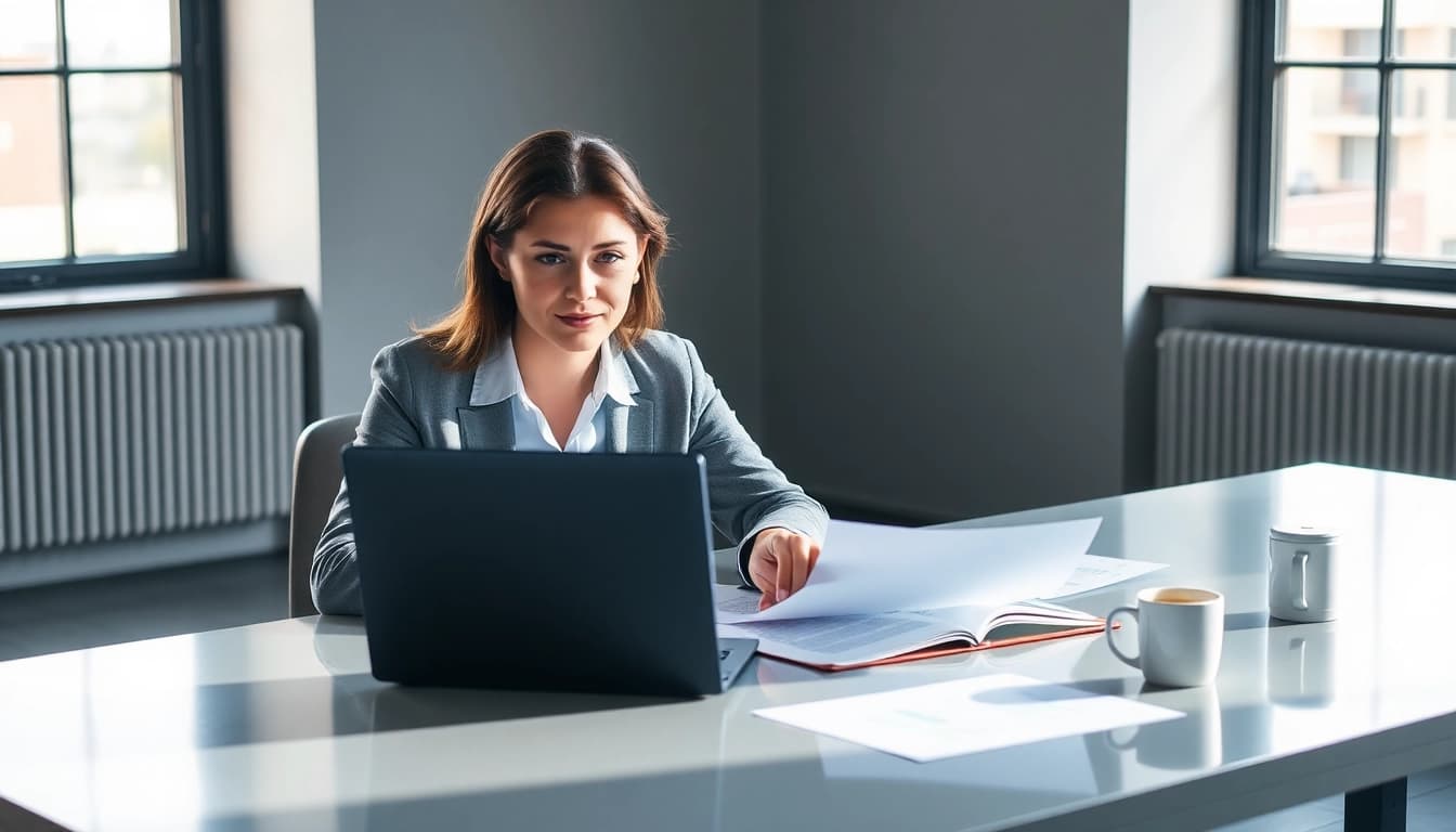 Consultant reviewing grants and pre-post award compliance documents in a modern office.