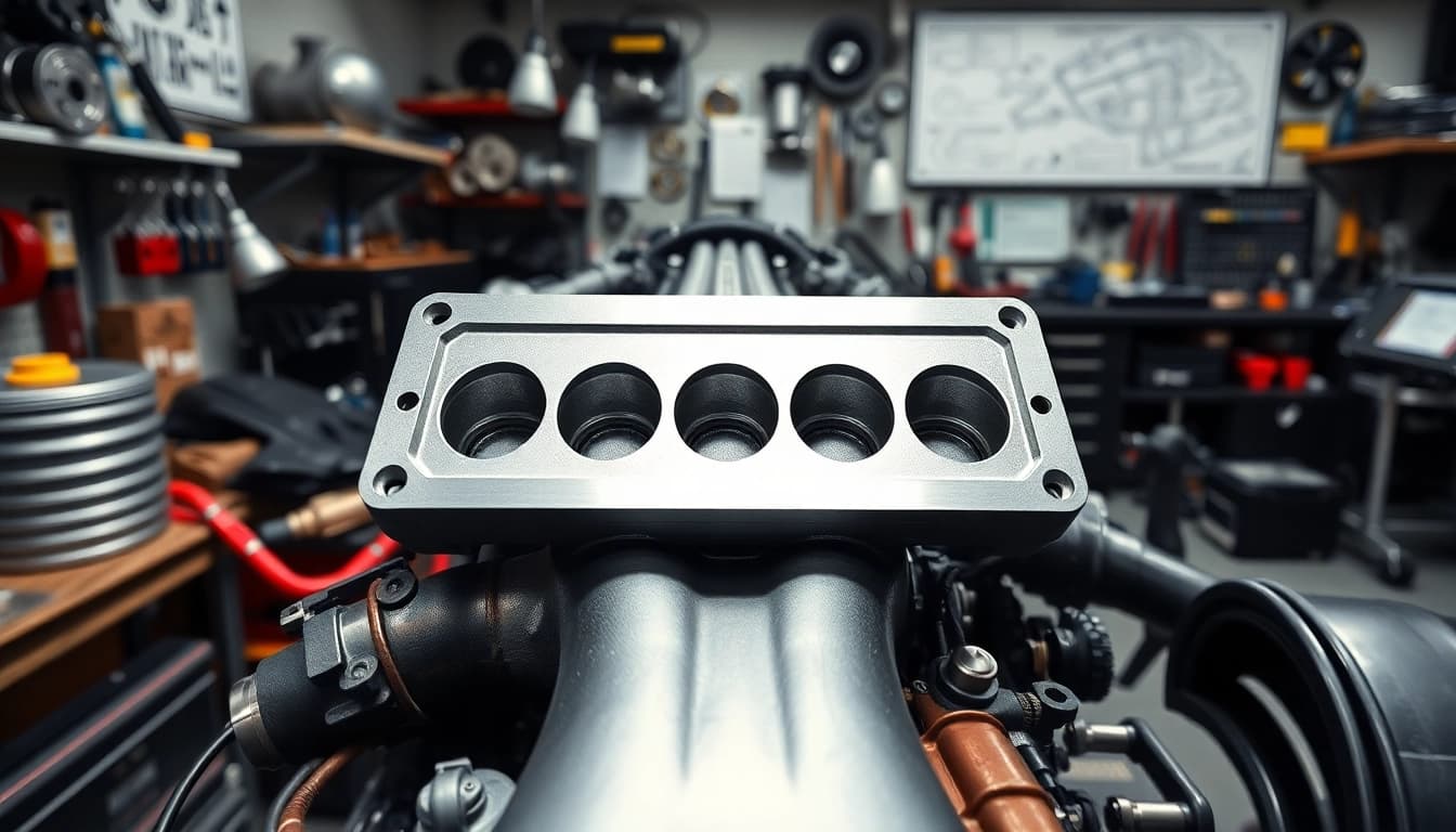Showcasing the BMW S58 Intake Manifold Block-Off Plate with essential automotive tools in a workshop setting.
