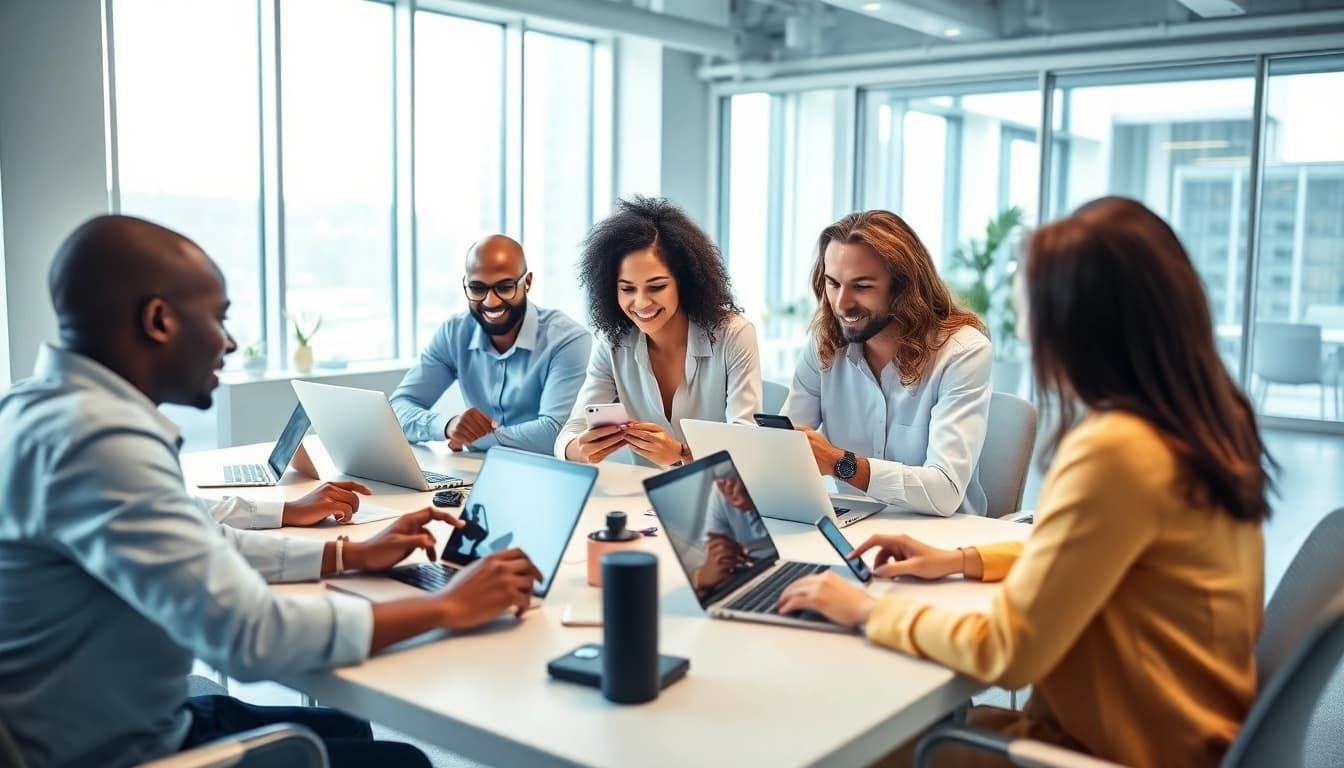 Team collaborating effectively using enterprise assistant software in a modern workspace.