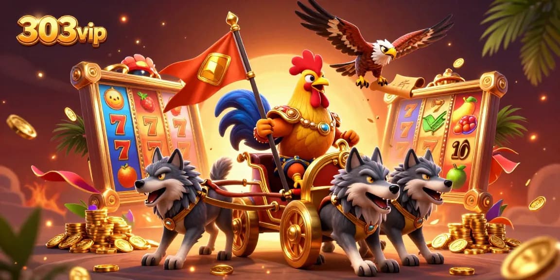Win big at 303vip with this vibrant casino scene featuring dynamic slot reels and a golden warlord.