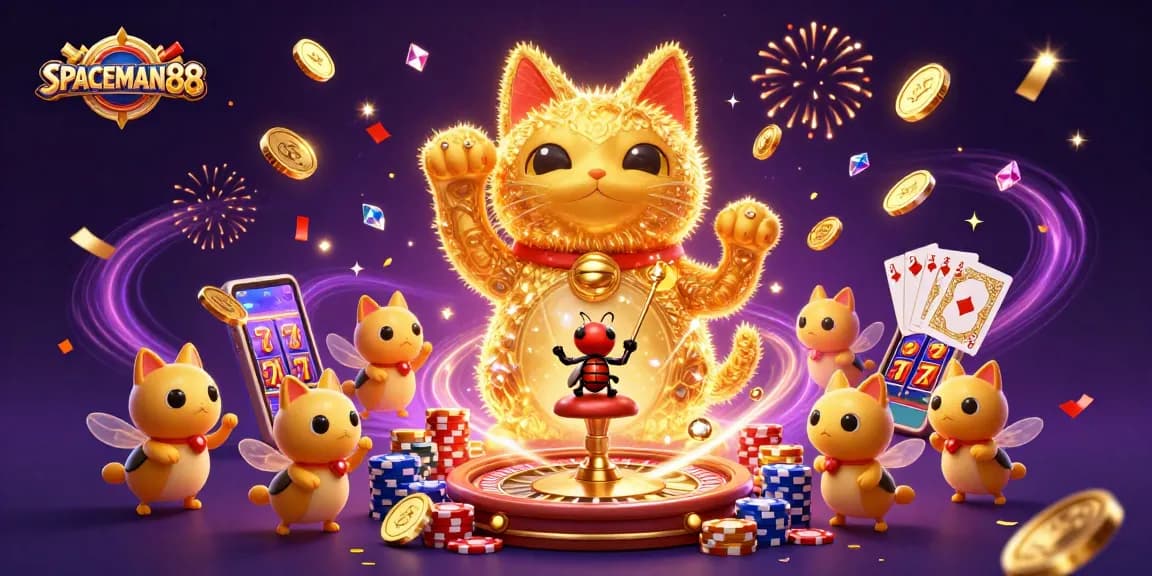 SPACEMAN88 showcases a giant lucky cat surrounded by casino elements, enriching the gambling experience.