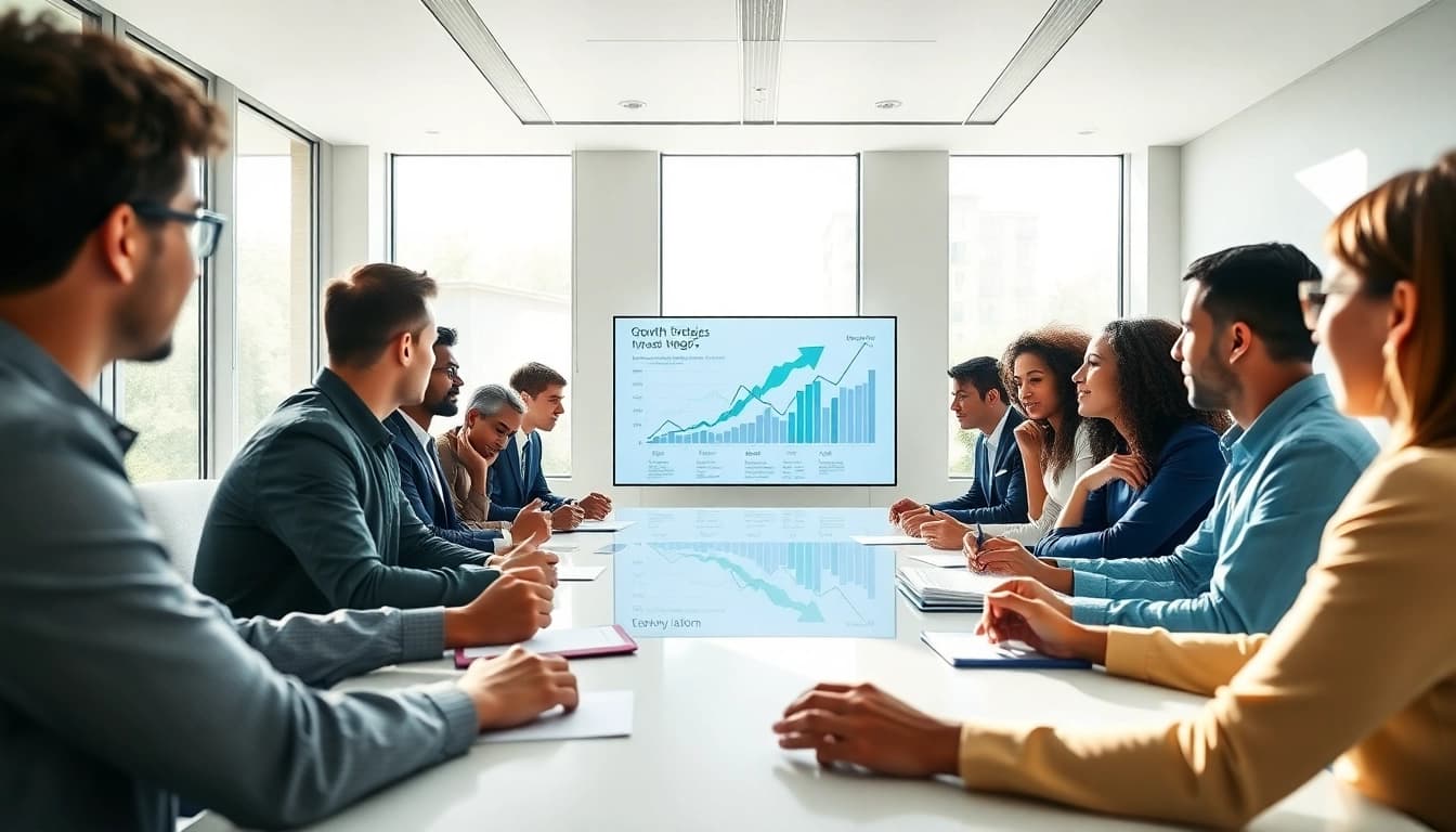 Engage with business growth insights during a professional meeting setting, highlighting collaboration.