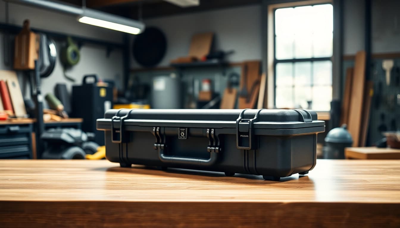 Showcasing a pelican rifle case with rugged design and locking mechanisms on a workshop table.