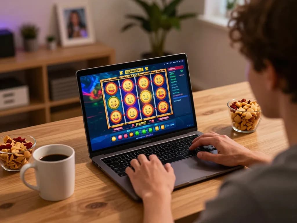 Engaged player spinning reels in an exciting slot online game at home with cozy setup.