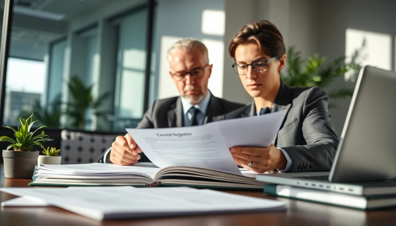 Environmental lawyer studying regulations with focused expression in a contemporary office.