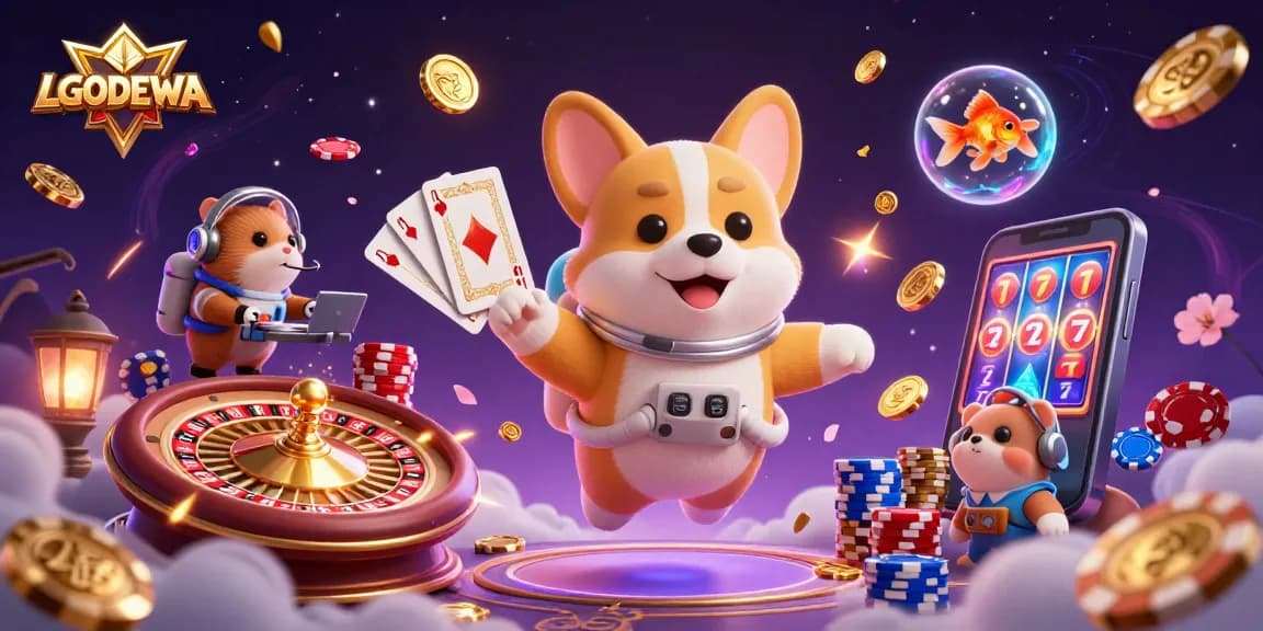 Experience LGODEWA's thrilling jackpots with vibrant 3D illustrations of floating casino elements.