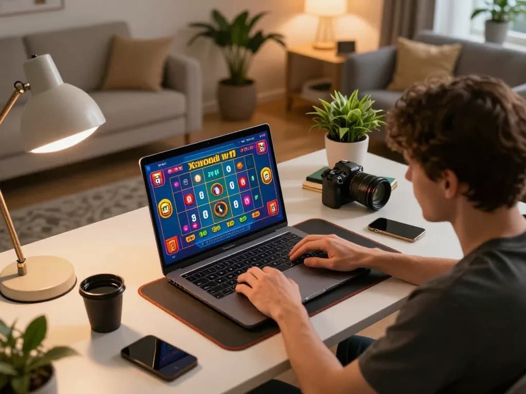 Xóc đĩa gameplay in a cozy home desk setting, showcasing a player focused on their laptop screen.