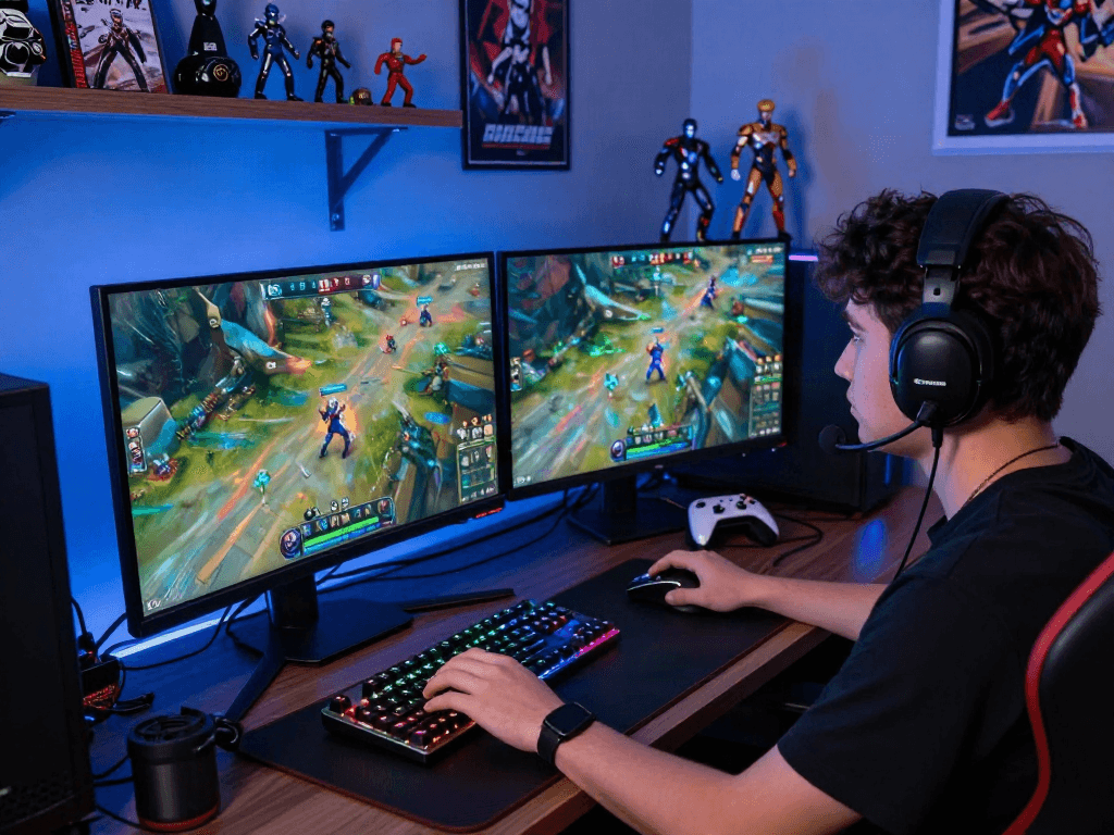 Intense gamer focused on bro138 link alternatif match at a vibrant gaming setup.