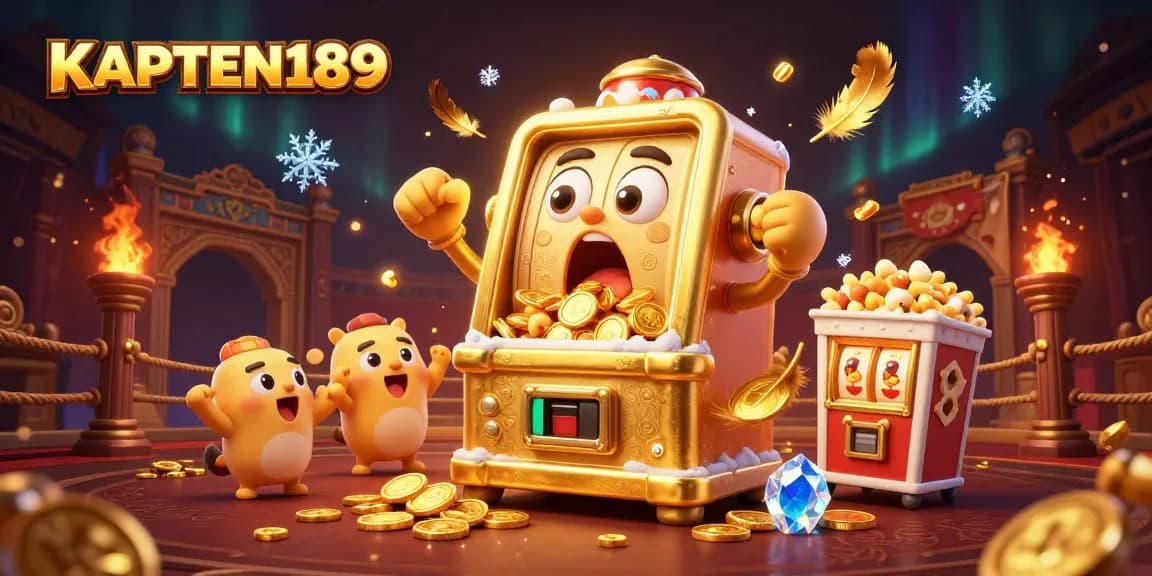 Permainan slot KAPTEN189 yang menarik dengan mesin slot emas meraih jackpot, dikelilingi kerincingan emas dan keceriaan.