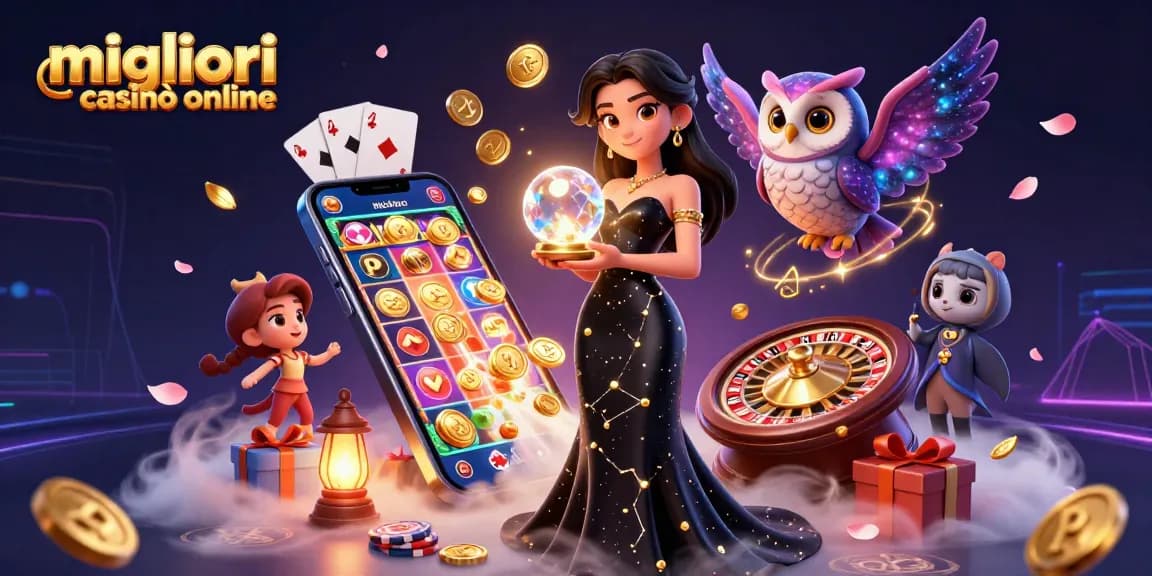 Senti l'emozione dei migliori casinò online con una scena straordinaria che presenta giochi di slot e elementi magici.