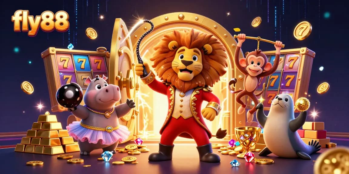 Experience the vibrant energy of fly88 with lively characters in a packed casino scene full of treasures and excitement.