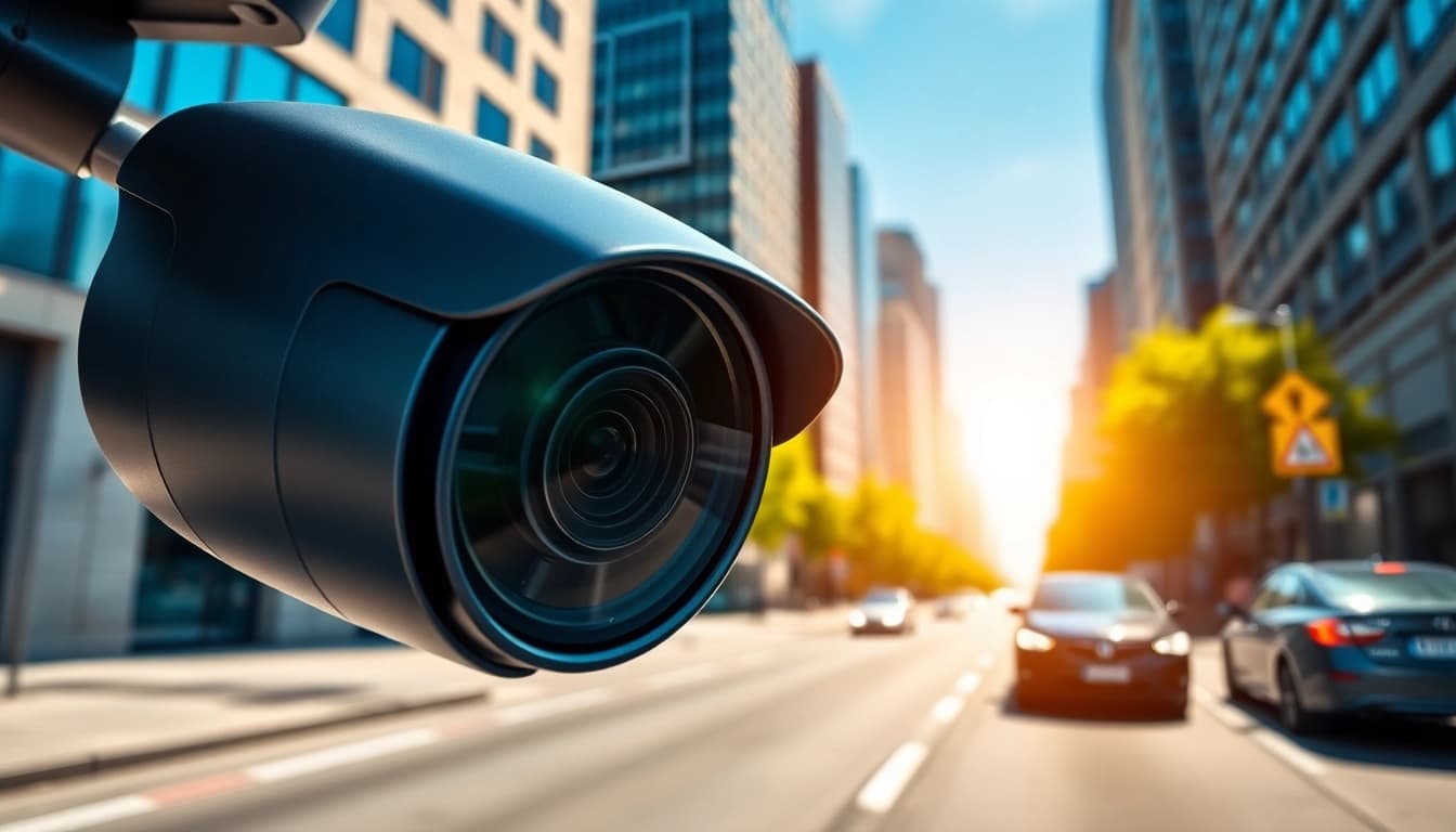 Capturing automatic license plate recognition with a high-tech camera in an urban setting.