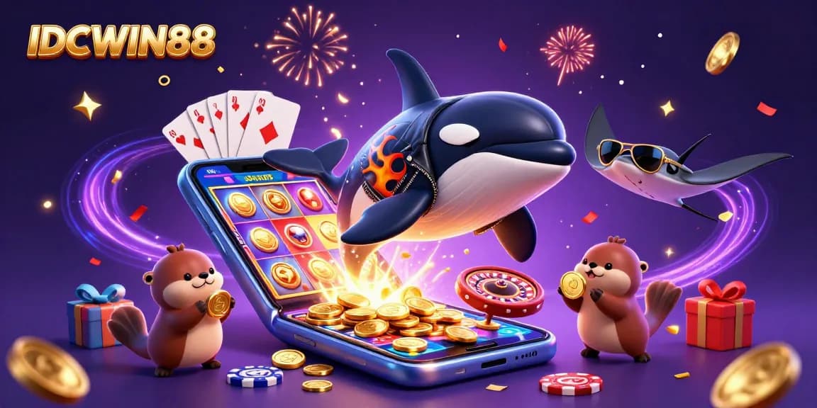 Experience big wins at IDCWIN88 with a dynamic 3D illustration of playful sea creatures among casino elements.