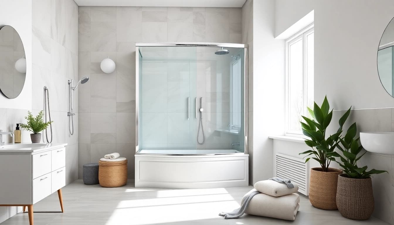 Elegante duschkabine 90x90 komplett in modernem Badezimmer mit hellem Licht und stilvollen Details.