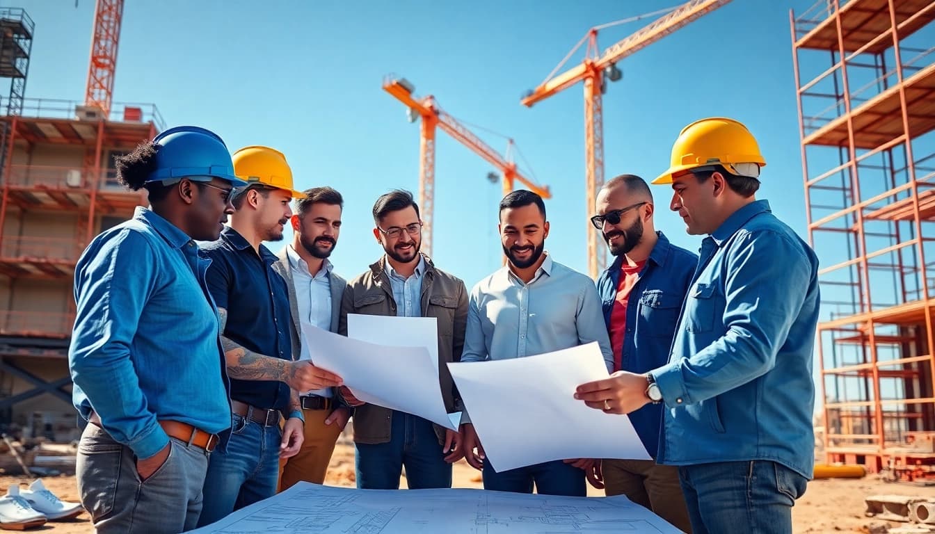 Construction advocacy illustrated through diverse professionals working together at a building site.