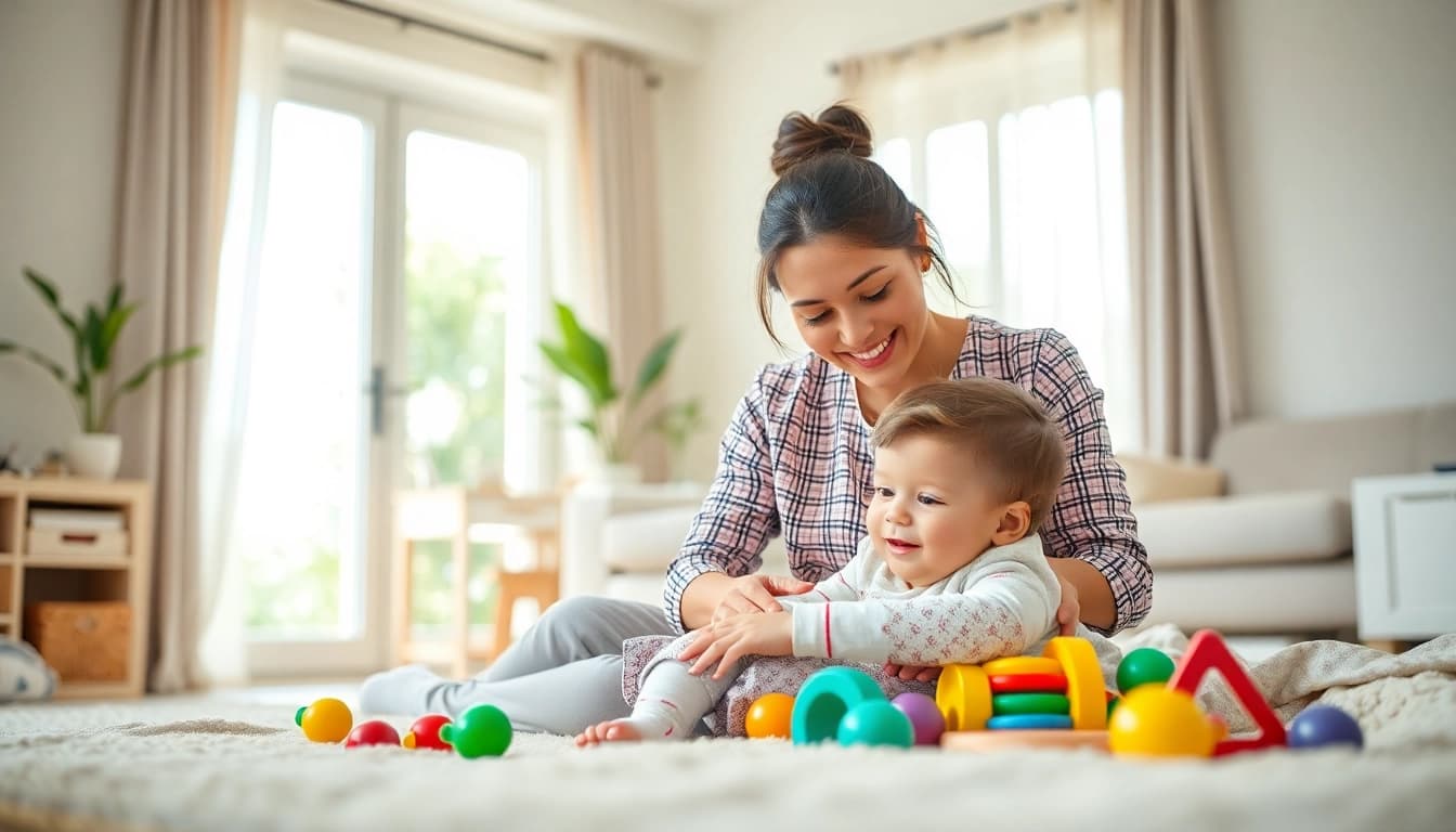Nanny Abu Dhabi providing attentive care while playing with a child in a sunny home environment.