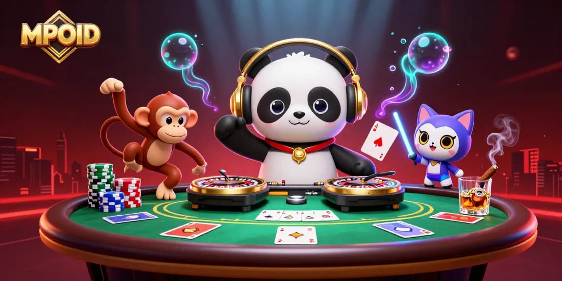 Join the vibrant MPOID gaming space with a DJ panda and friends celebrating on a packed dance floor.