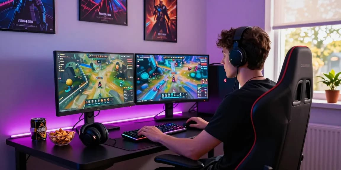 User enjoying a gaming setup while accessing rokok88 link login, featuring vibrant screens, gaming gear, and an energetic atmosphere.