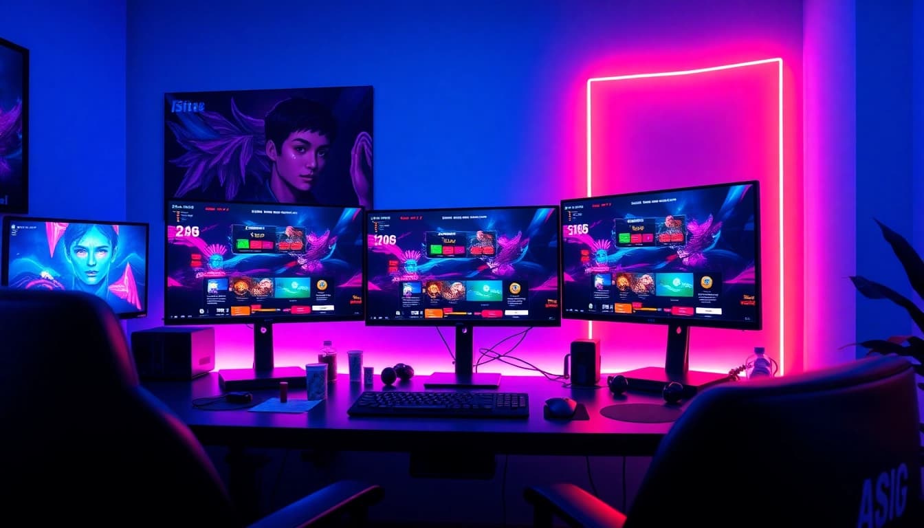 Akses Istana777 Situs dengan setup gaming modern dan ceria, menampilkan antarmuka permainan yang berwarna.