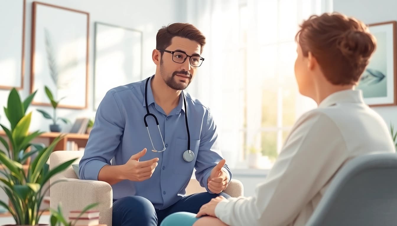 Anxiety symptoms depicted through a professional therapist's supportive interaction with a client.