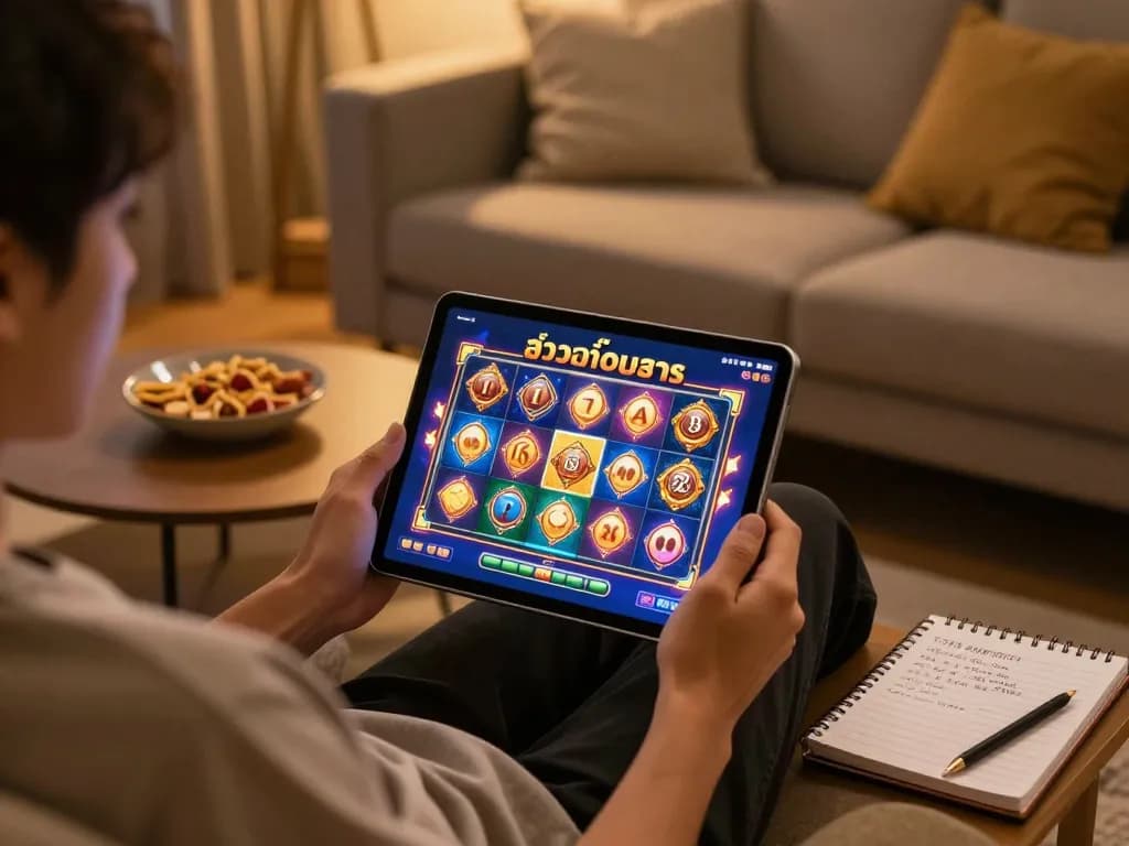 Engaging สล็อตทดลอง gaming experience on a tablet in a cozy home environment.