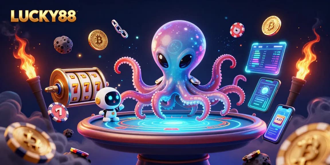 Engage with the LUCKY88 casino scene featuring an alien octopus at a holographic poker table.