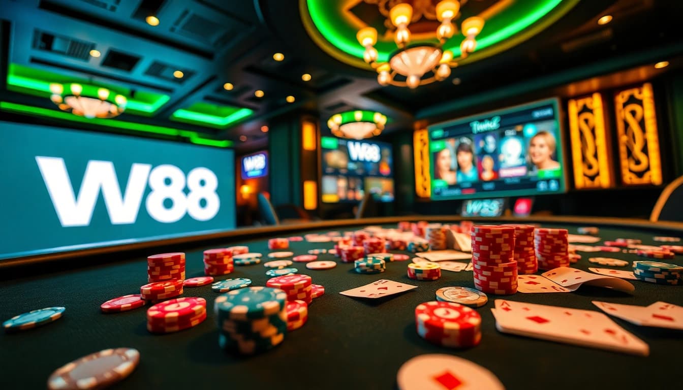 Trải nghiệm cảm giác hồi hộp khi tham gia cá cược trực tuyến tại W88 với hình ảnh casino sống động, chip poker và các lá bài.