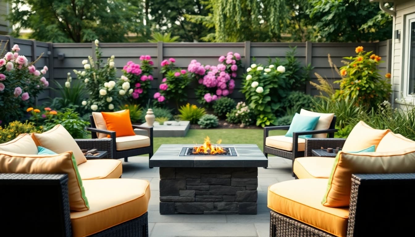 View of inviting outdoor furniture surrounding a fire pit in a vibrant garden setting.