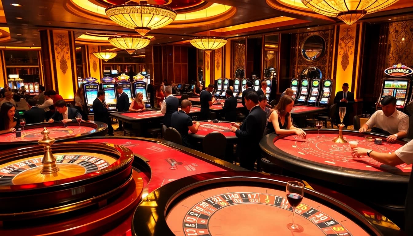 Stunning casino floor scene highlighting strategic play with "Nếu như vậy bám vào đây" at a poker table.