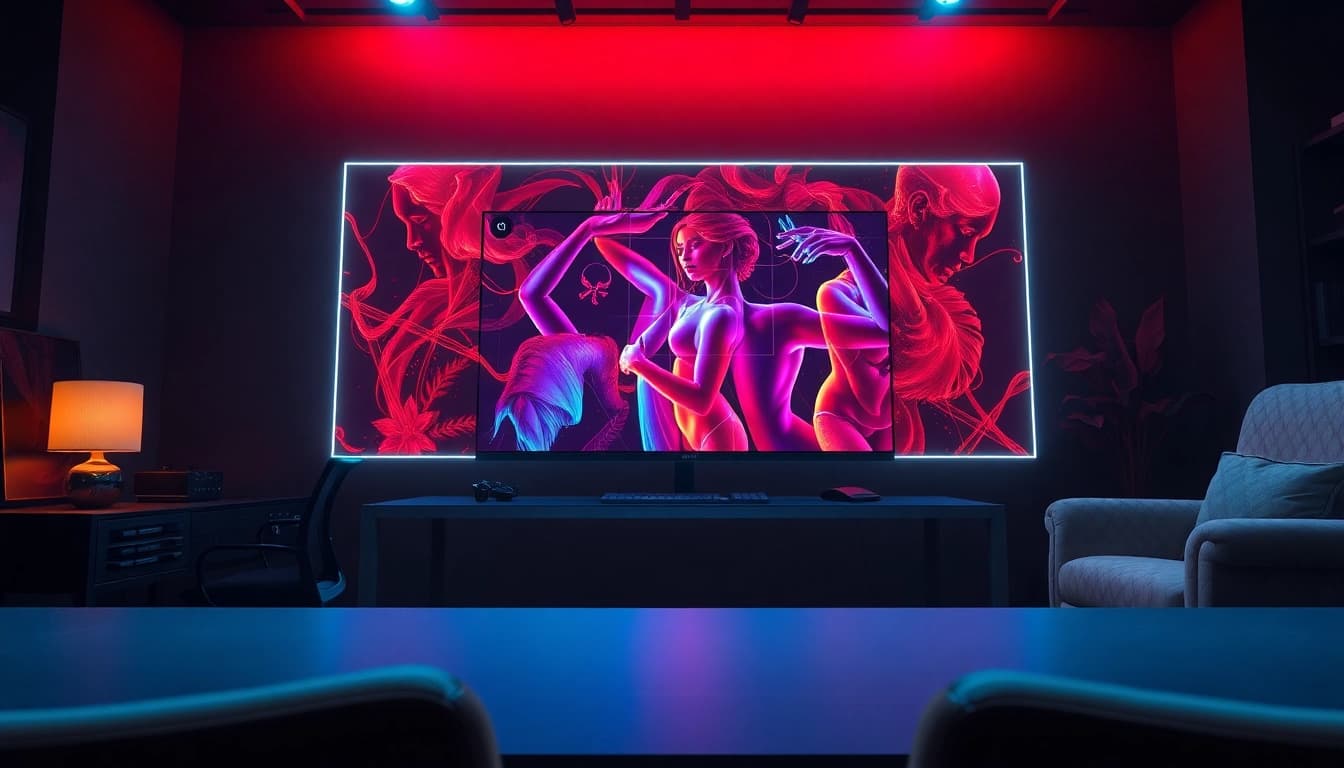 Dynamic NSFW AI-generated artwork displayed in a modern workspace, showcasing creativity and technology.
