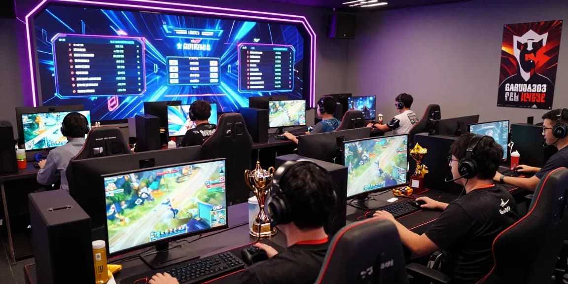 Garuda303 gaming platform scene with players immersed in vibrant gameplay, showcasing modern gaming setups.