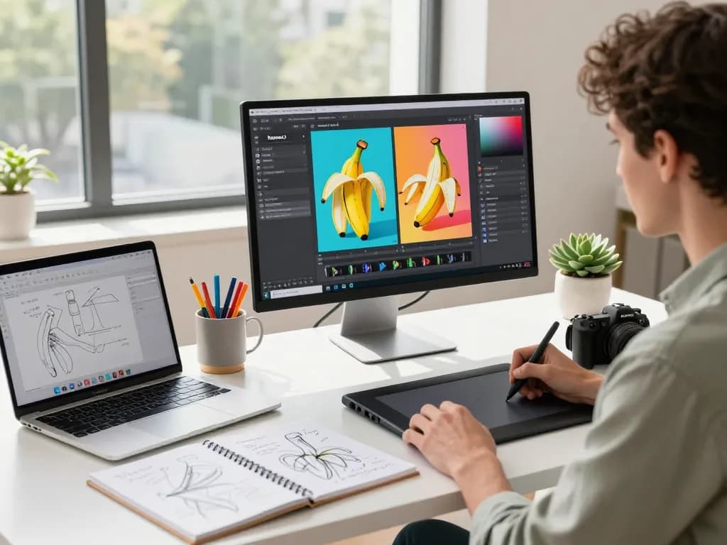 Professional designer using Nano Banana 2 for AI image editing in a modern workspace, surrounded by creative tools and vibrant visuals.