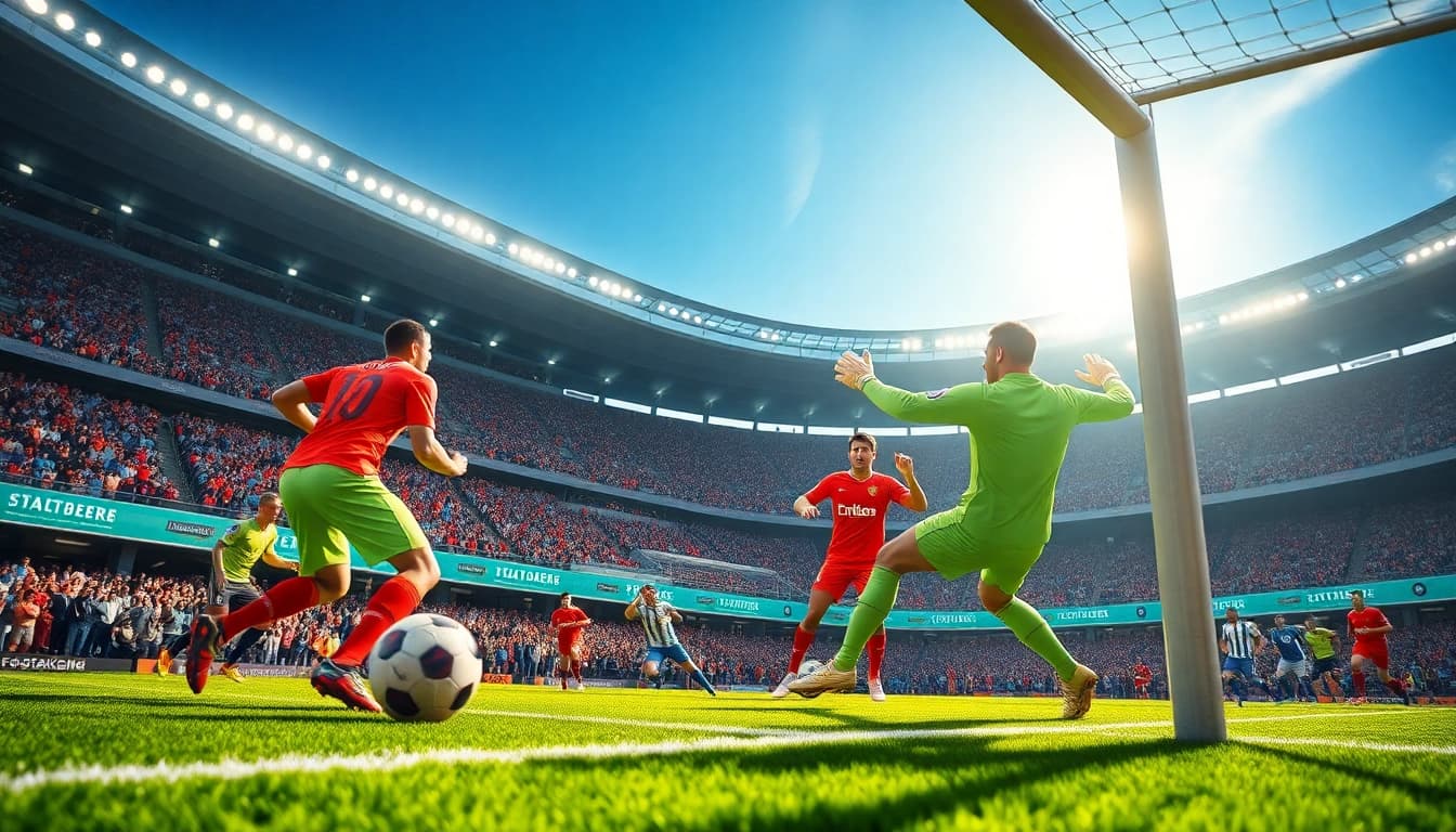 Catch the excitement of a soccer game with players in action, focusing on the spectacular save as جزء من ผลบอลสดgoal.
