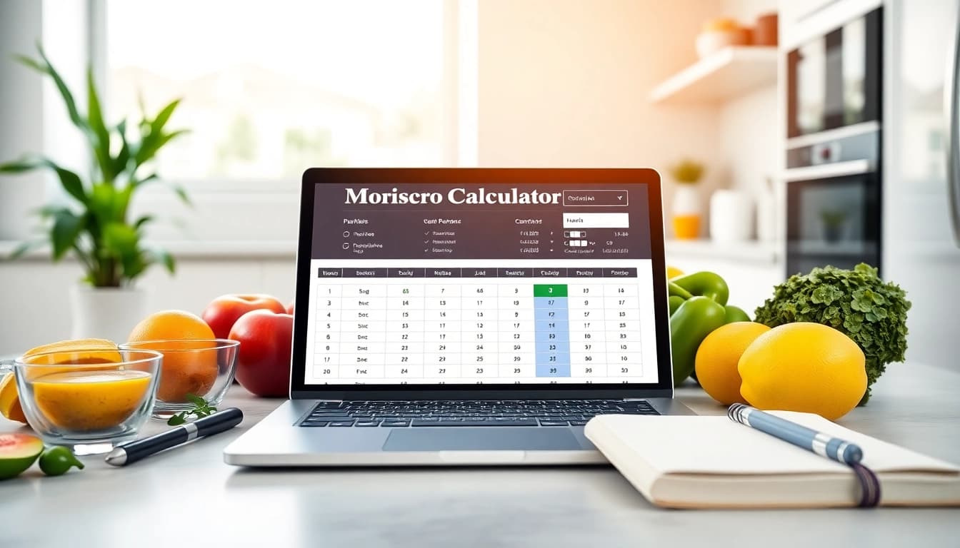 Calculate your macros efficiently with a macro calculator displayed in a modern kitchen setting.