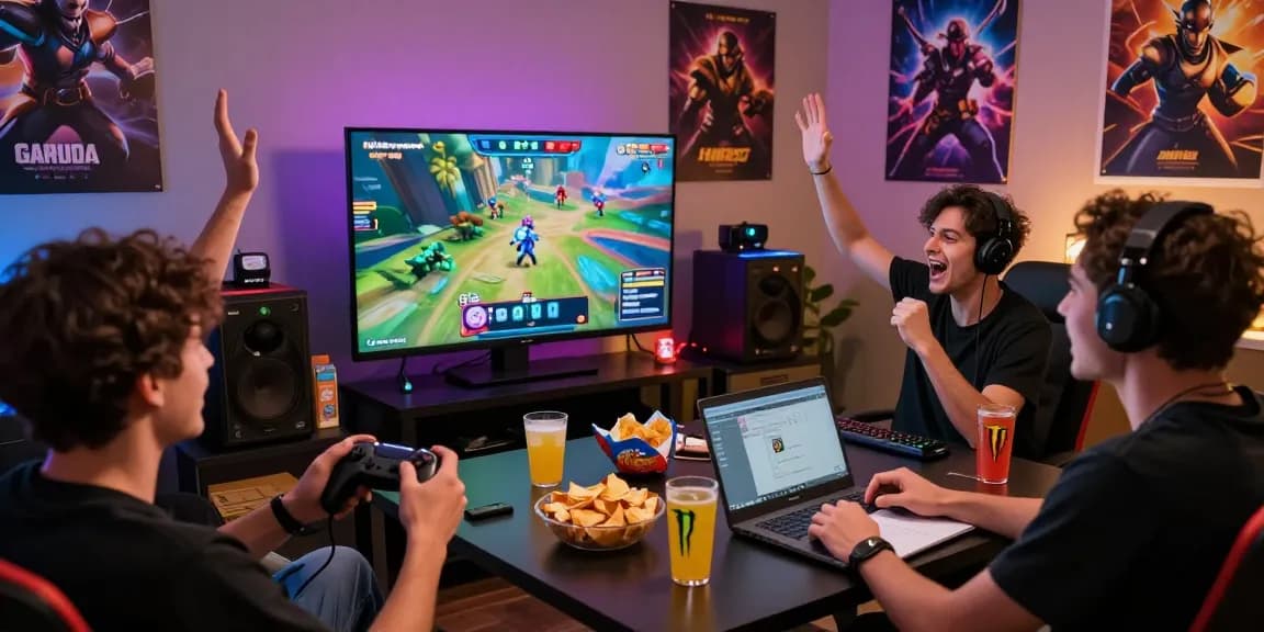 Excited friends enjoying gaming together on garuda303 platform