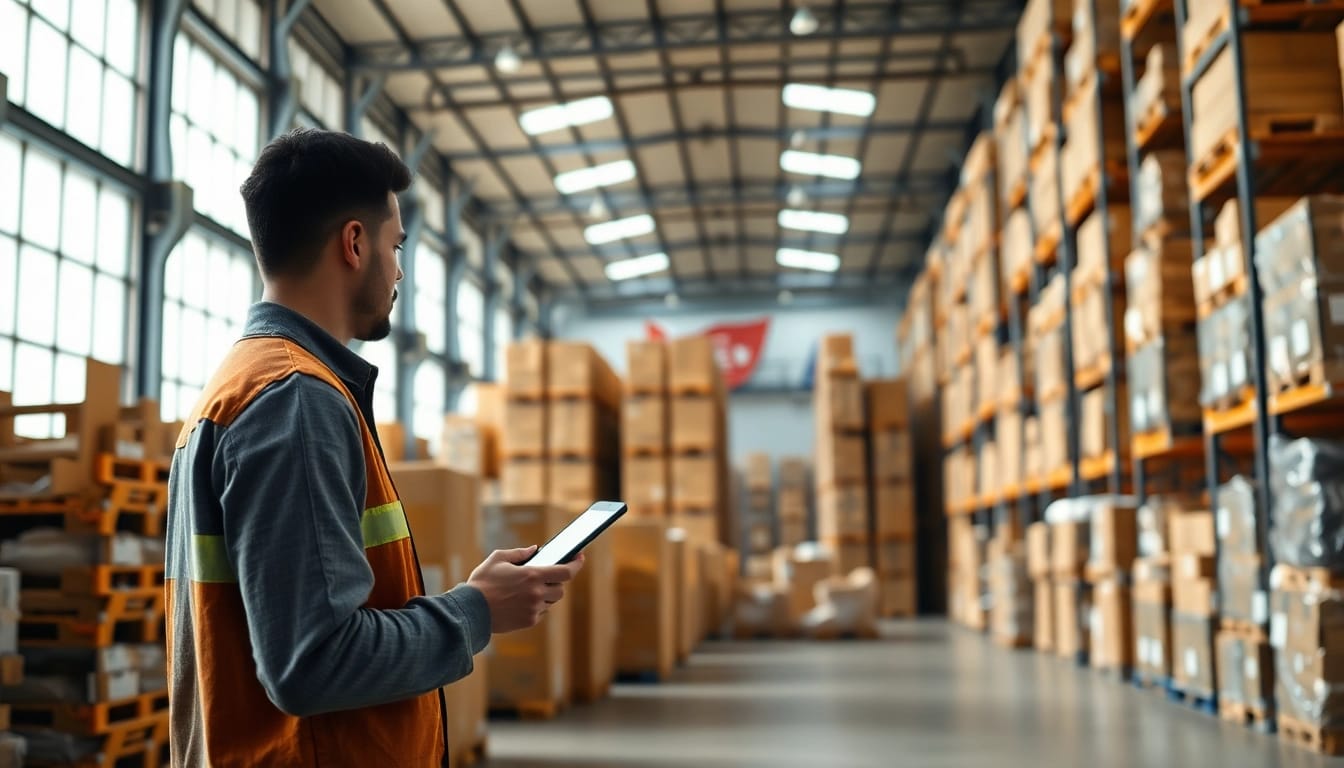 Warehouse interior bustling with activity, focusing on a worker managing inventory.