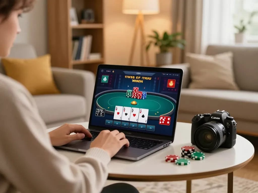 Nohu online poker player celebrating a big win during a home gaming session.