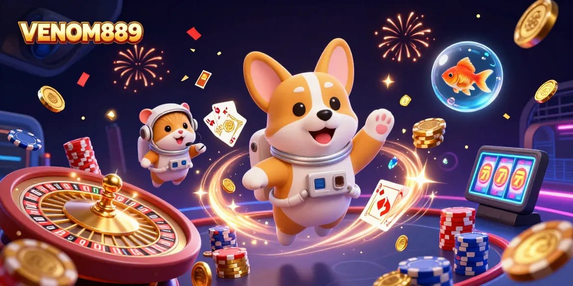 Engage in thrilling gameplay with VENOM889 in this vibrant casino scene.