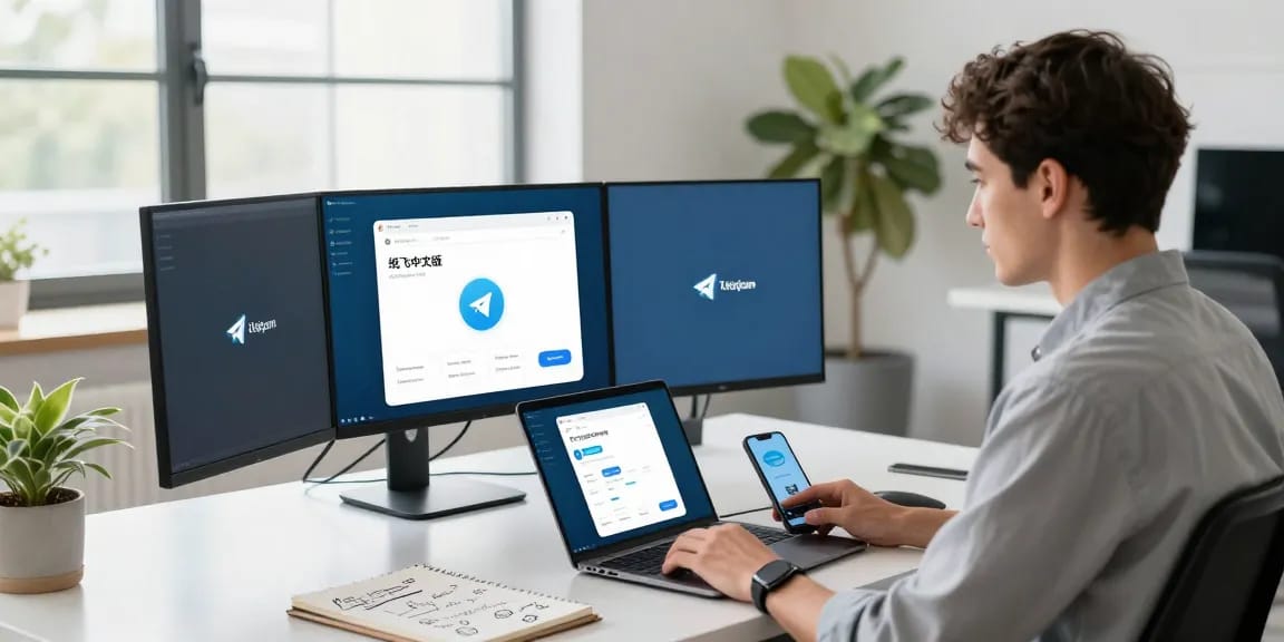 Young professional using 纸飞机中文版 on multiple screens in a modern workspace