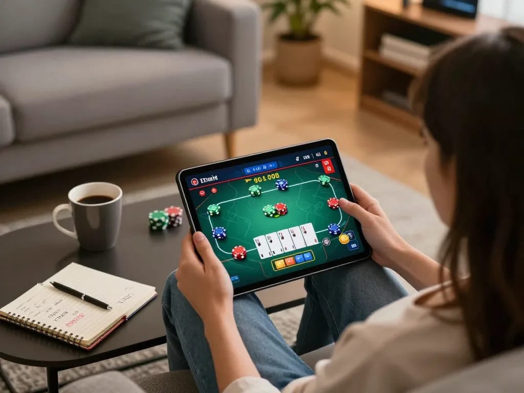Engaging poker gameplay on 888top com displayed on a tablet in a cozy home setting, blending entertainment with strategy.