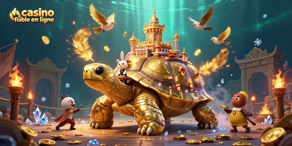 Jouez dans un casino fiable en ligne avec une tortue géante et un croupier lapin dans un décor animé.