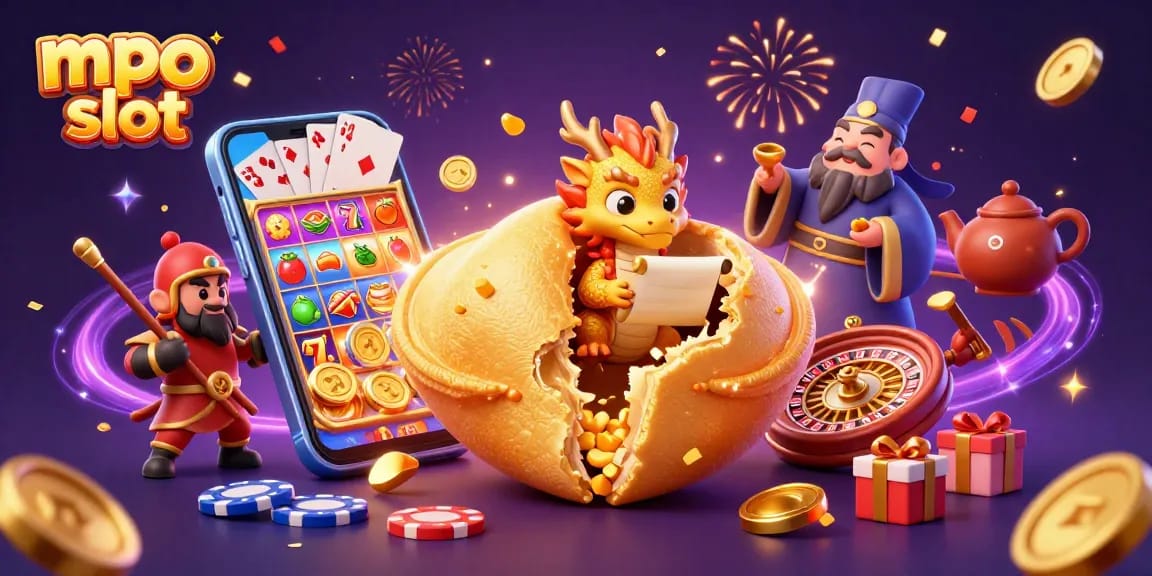 Spin and win with mpo slot featuring a golden cookie, wise dragon, and dynamic casino elements.